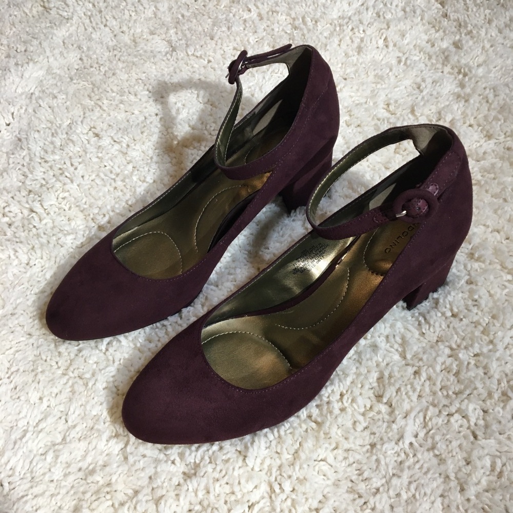Bandolino Plum Faux Suede Ankle Strap Kitten Heels